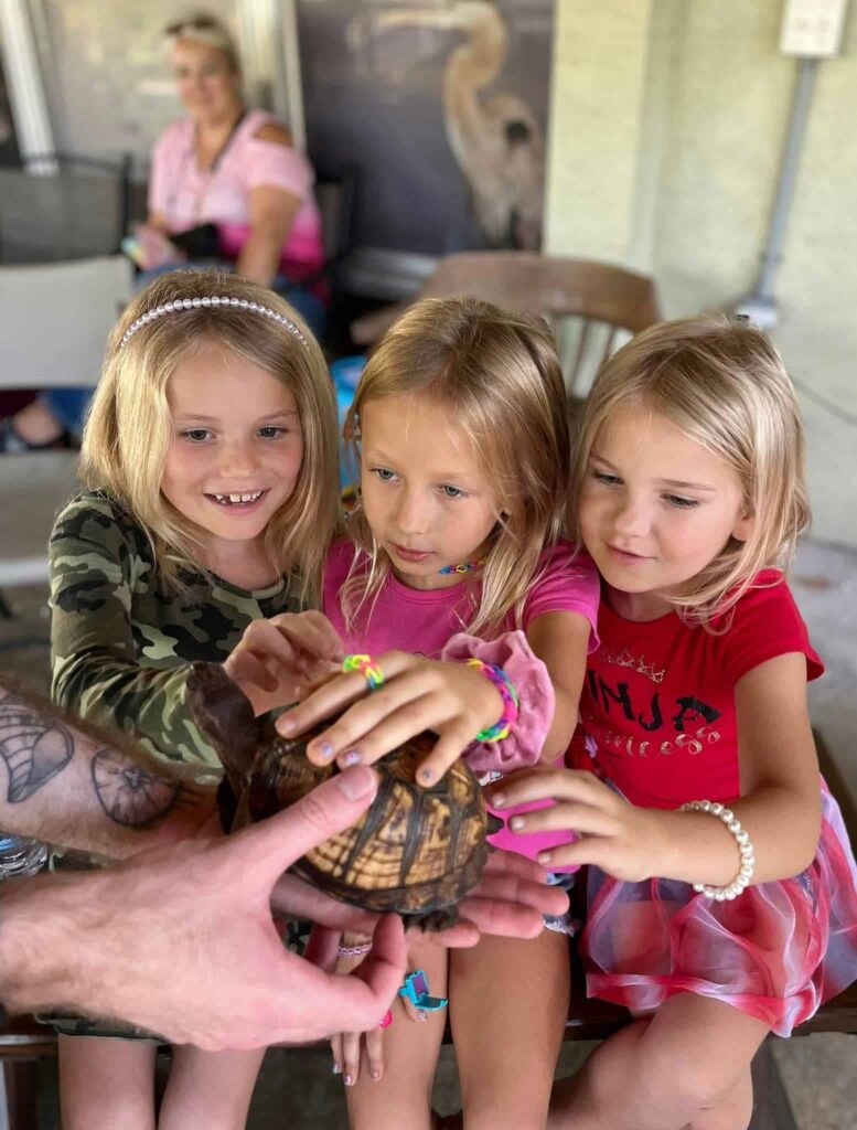 Three young female students smiling and petting a turtle held by a teacher.